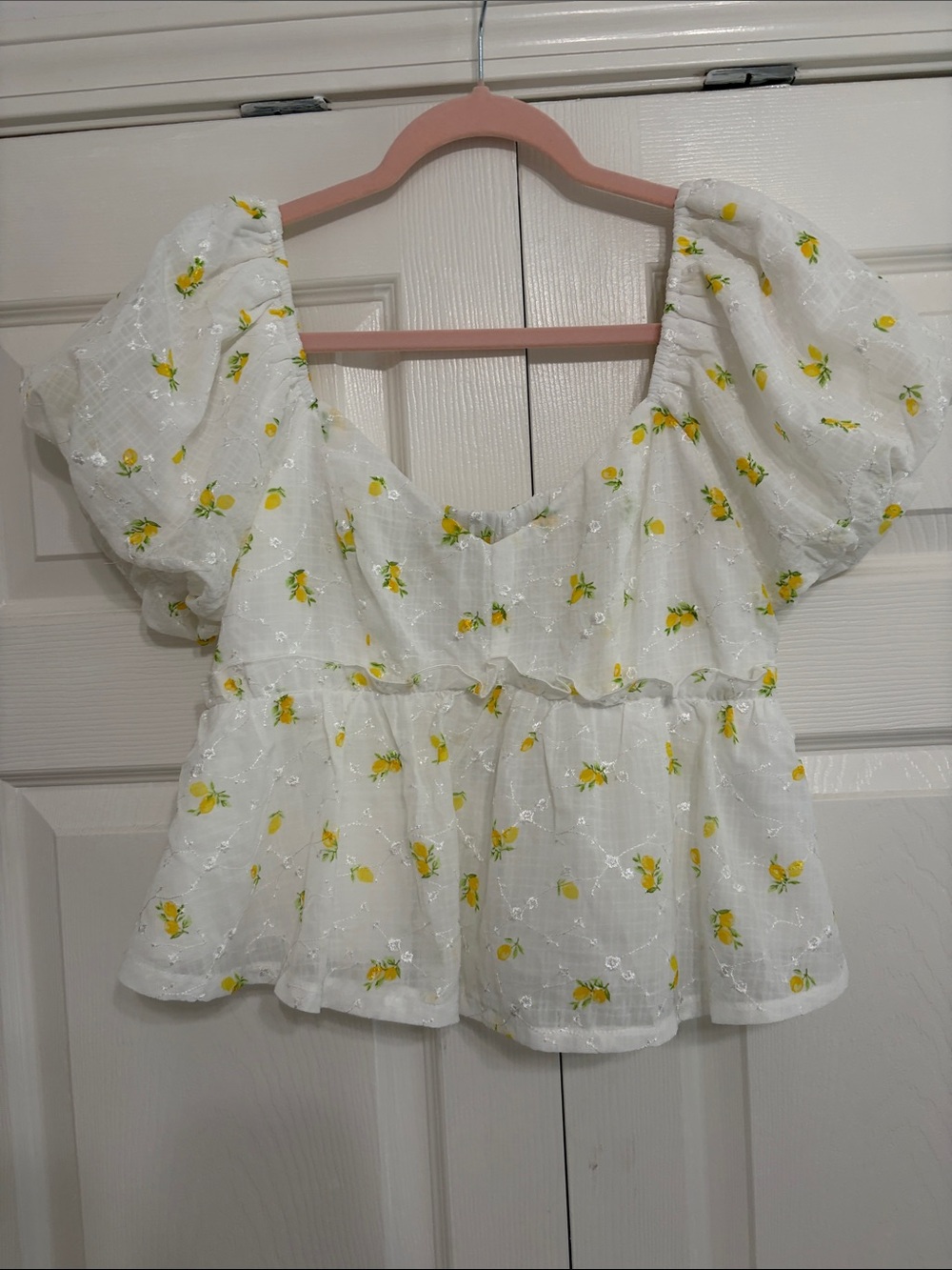 Trixxi White Peplum Top with Yellow Floral Print and Puff Sleeves